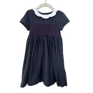 NEXT UK Smocked Polka Dot Dress Girls 4-5 4T 5T Gray Smocking Scalloped Collar